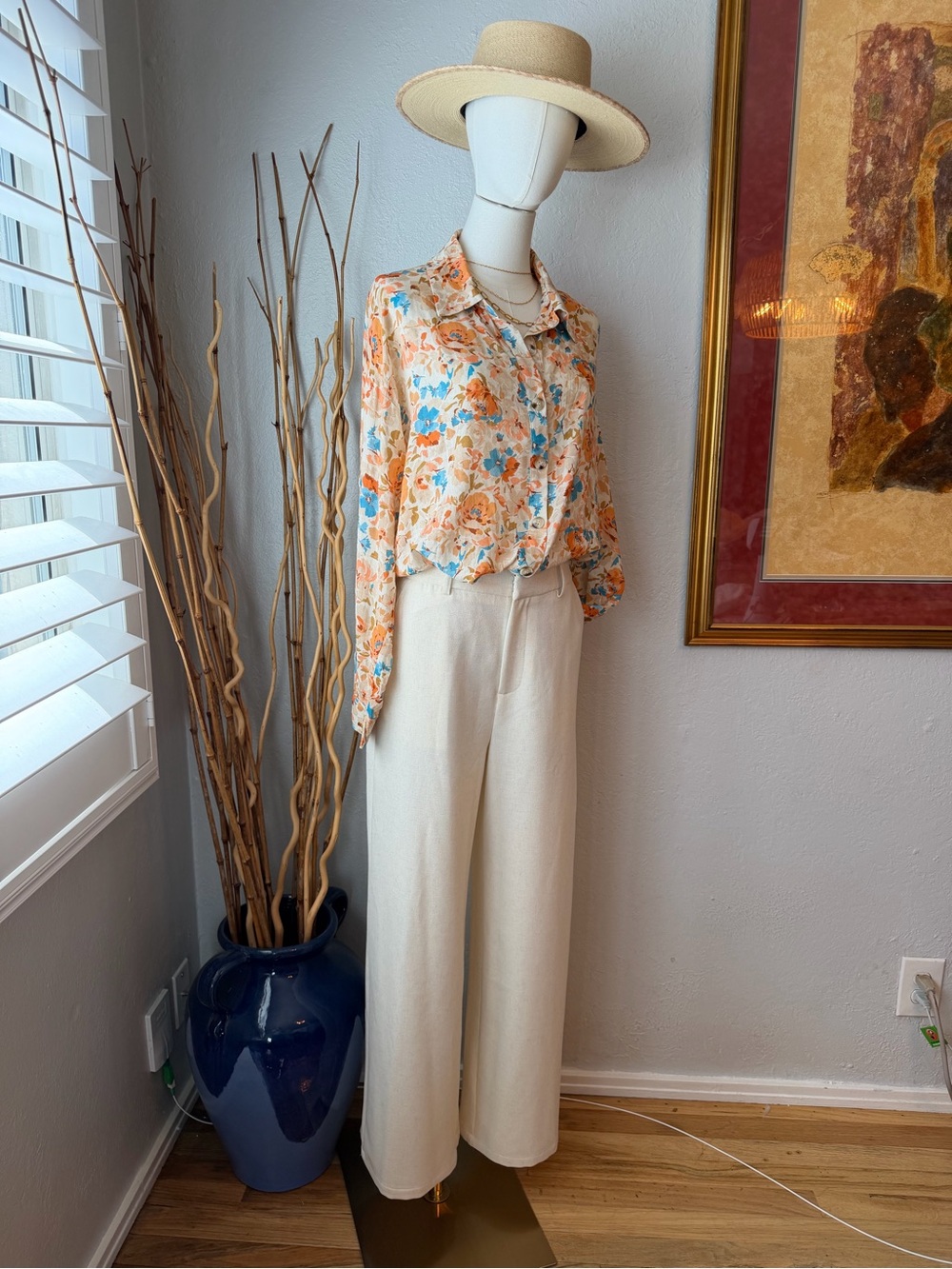 38~ NWT Sadie & Sage Floral Blouse Teal Peach and Cream size Small Long Sleeve